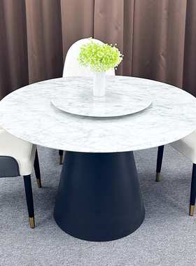 奶油风白色天然大理石餐桌圆形中花白卡拉白奢石餐桌带转盘小户型
