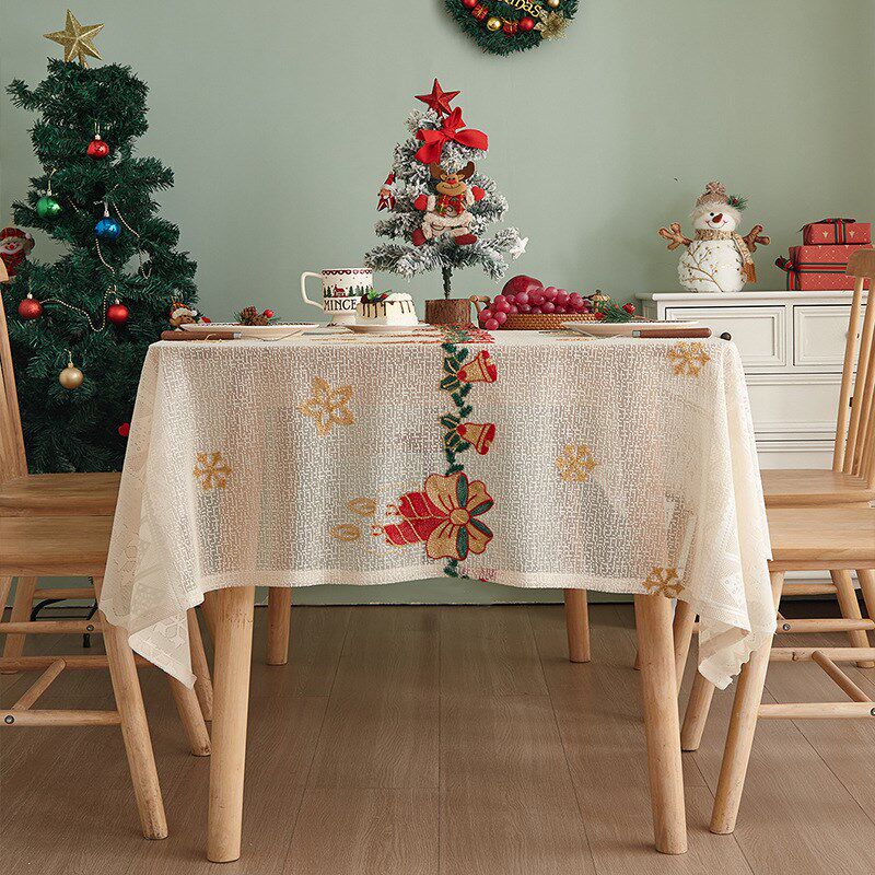 美式圣诞桌布装饰红色台布涤纶蕾丝茶几餐桌垫高级感餐桌布