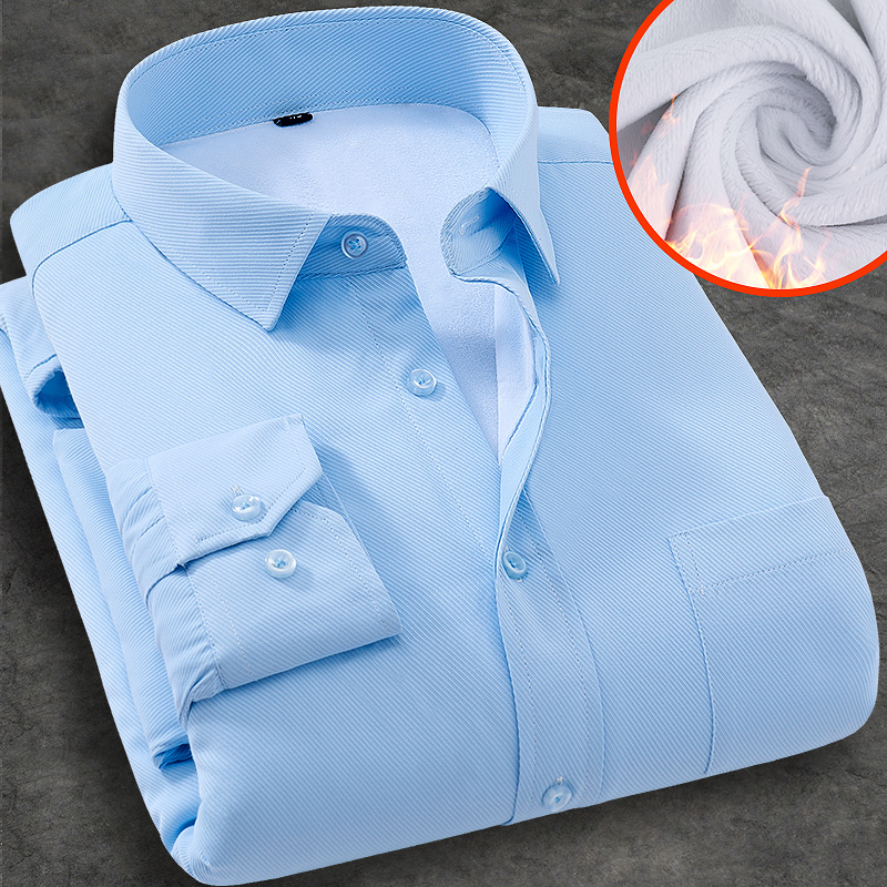 冬季男士正装纯白长袖保暖衬衫加绒加厚胖子加肥加大码工装衬衣
