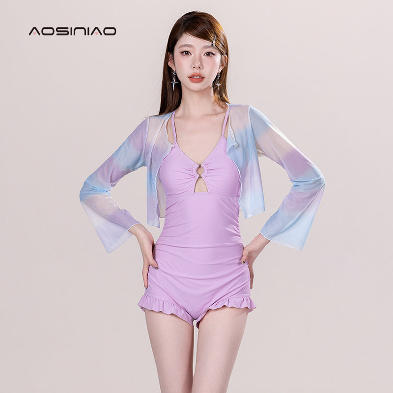 连体泳衣女夏2024新款高级感时尚保守显瘦遮肚小胸聚拢平角游泳装