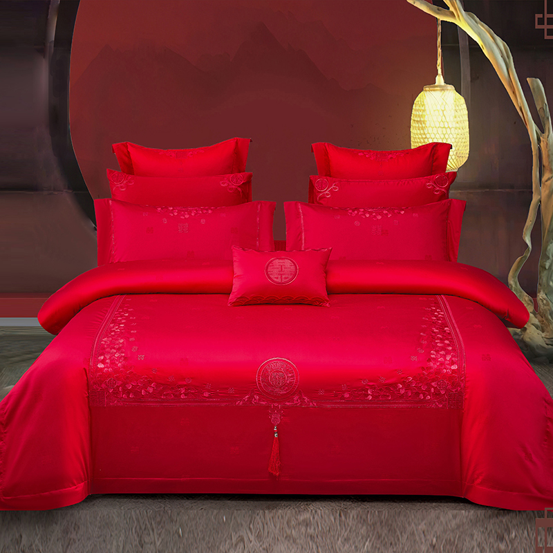 婚庆牀组被套四件套大红色全纯棉绣花简约婚房牀单结新婚被罩4件