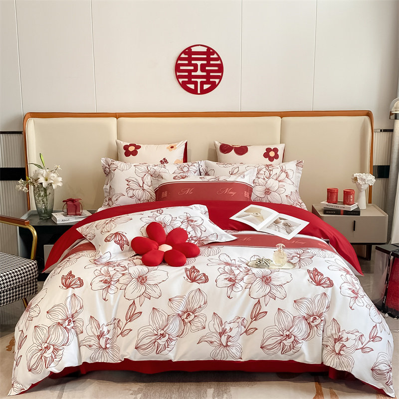 结婚床上用品全棉四件套婚庆房喜被床单笠被罩大红色婚礼被套