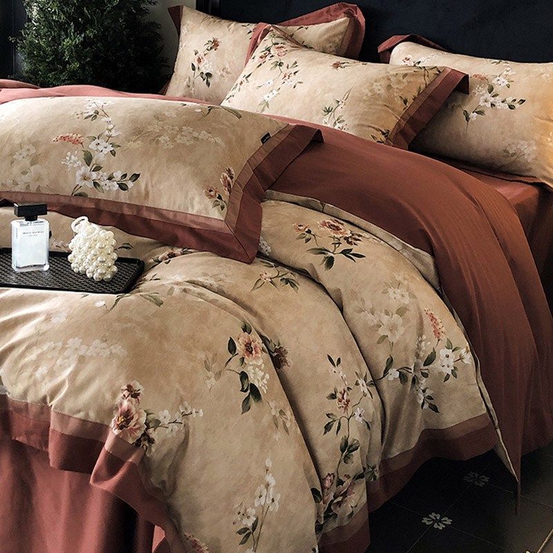 秋冬加厚100S新疆长绒棉四件套全棉磨毛美式花卉印花被套床上用品