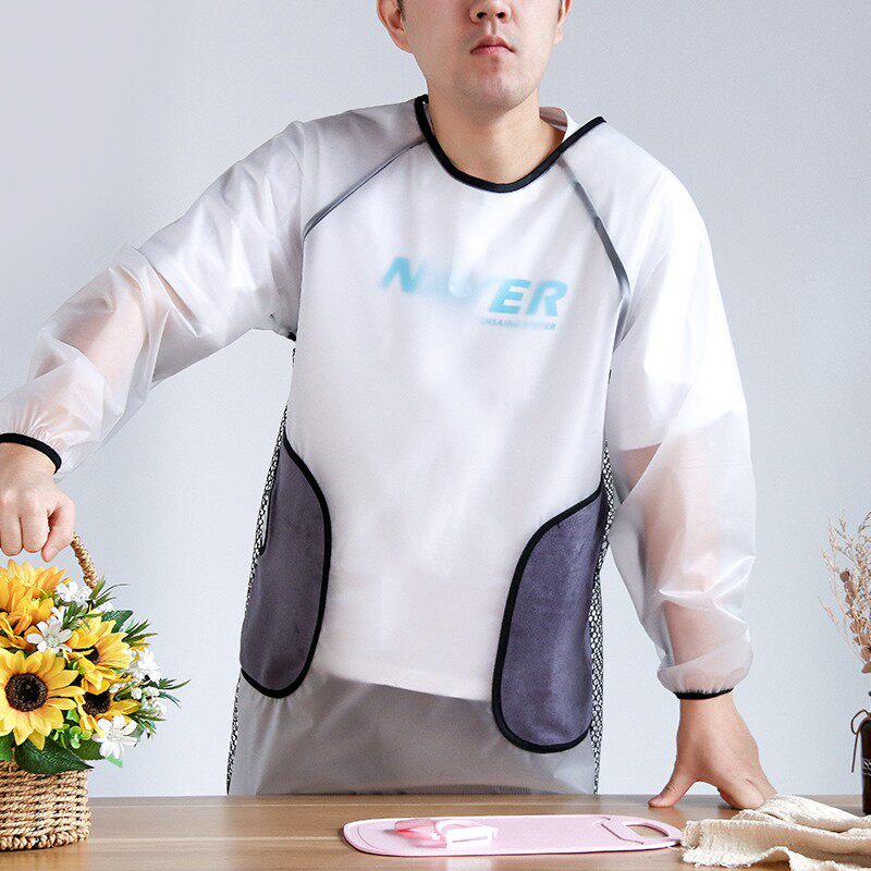 透明带袖围裙家用厨房防水防油男女士工作服做饭定V制儿童长袖罩
