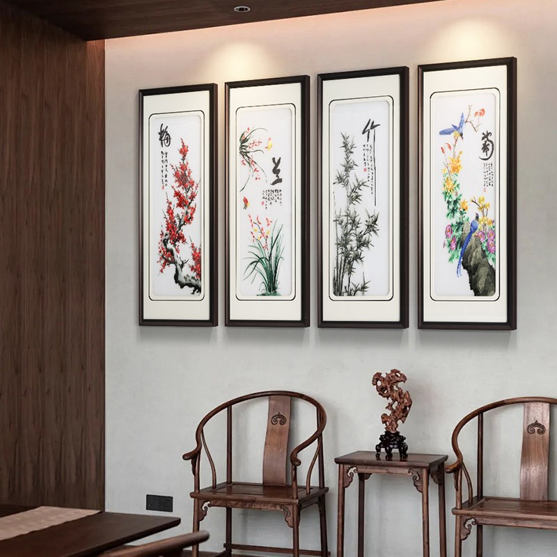 梅兰竹菊刺绣茶室装饰画宋代美学客厅沙发背景墙挂画茶空间茶桌画图片