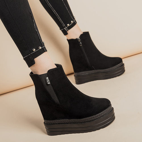 11CM坡跟超高跟短靴防水台厚底松糕女鞋秋冬新款内增高加绒马丁靴