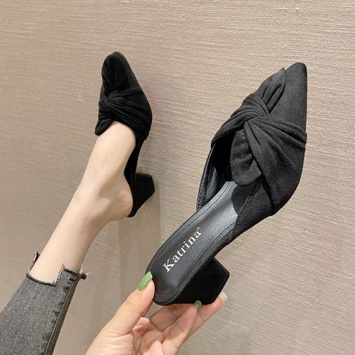 2021秋新款外穿尖头粗跟高跟鞋包头半拖鞋女气质女士试衣间大码鞋