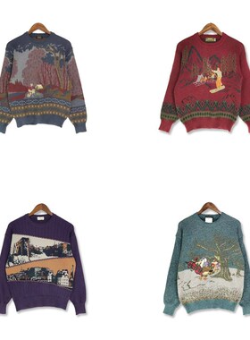 古着Vinctage波普图案风景电脑刺绣男女款宽松秋冬男女毛衣K6新品