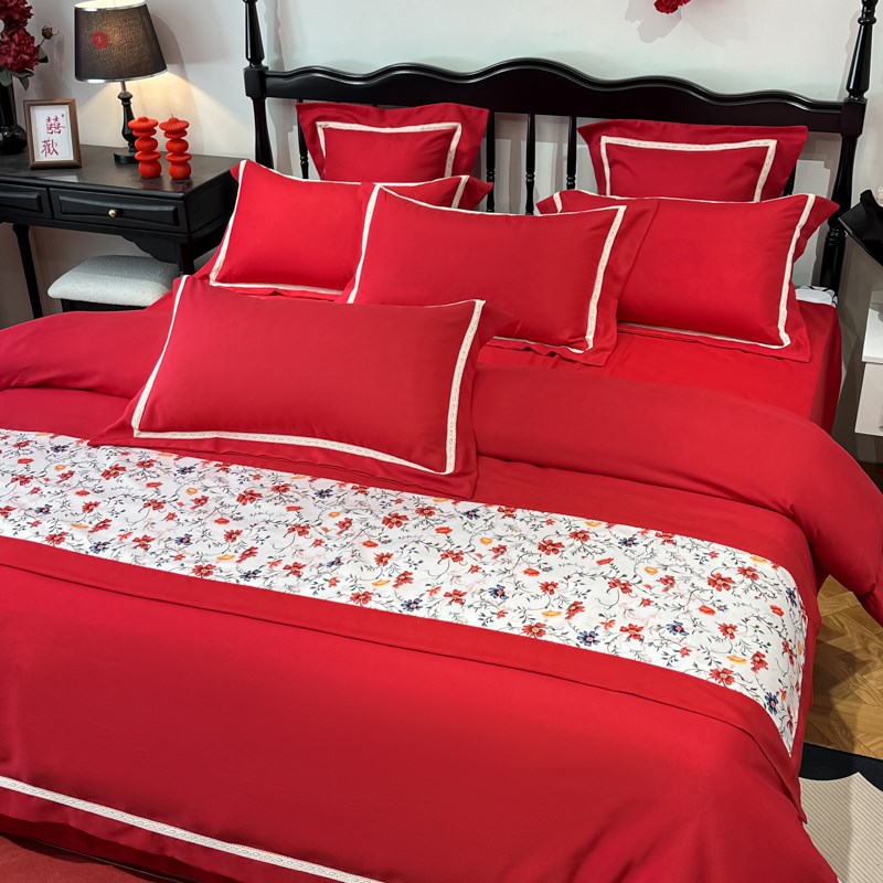 100支长绒棉结婚四件套大红色全棉陪嫁喜被套床单床上用品