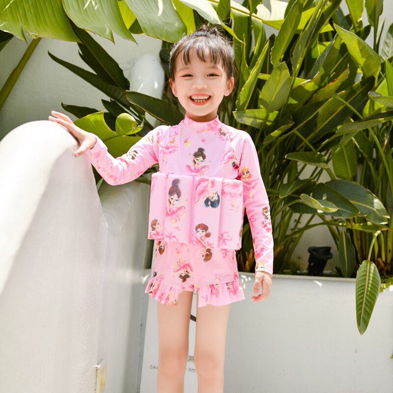 儿童浮力泳衣新款女孩连体泡沫可爱公主长袖韩版裙式游泳训练装备