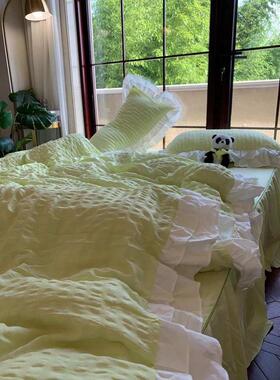 小清新奶绿色泡泡褶皱感被套四件套公主风床裙床单宿舍床上三件套