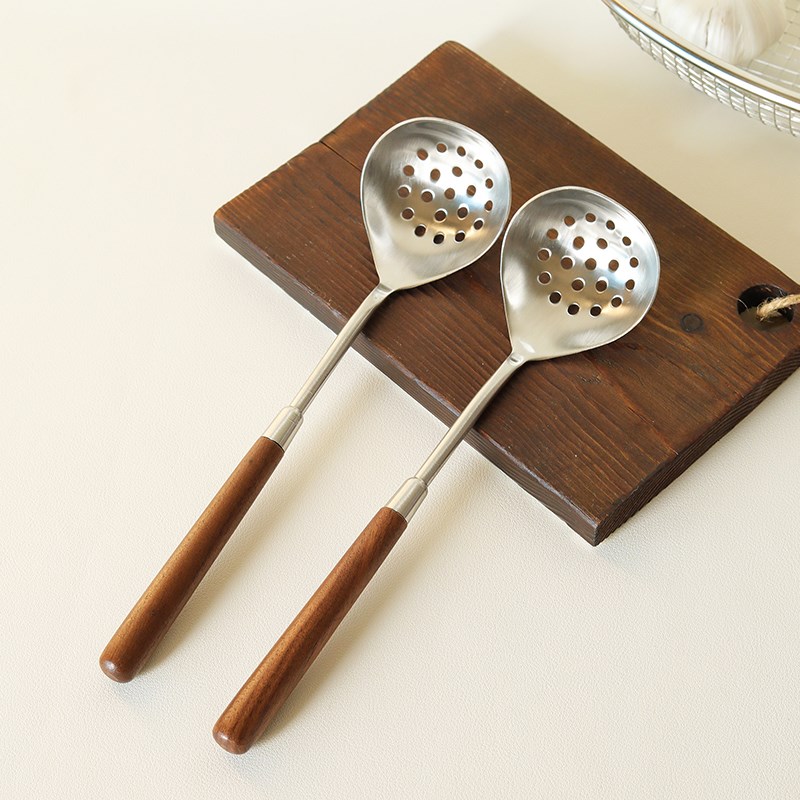 胡桃木实木柄拉面勺304不锈钢家用漏勺盛汤勺火锅勺泡面勺子汤壳