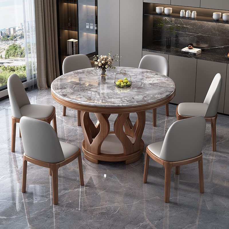 实木高端大理石餐桌椅组合微晶石小户型圆形家用圆桌带转盘饭桌子