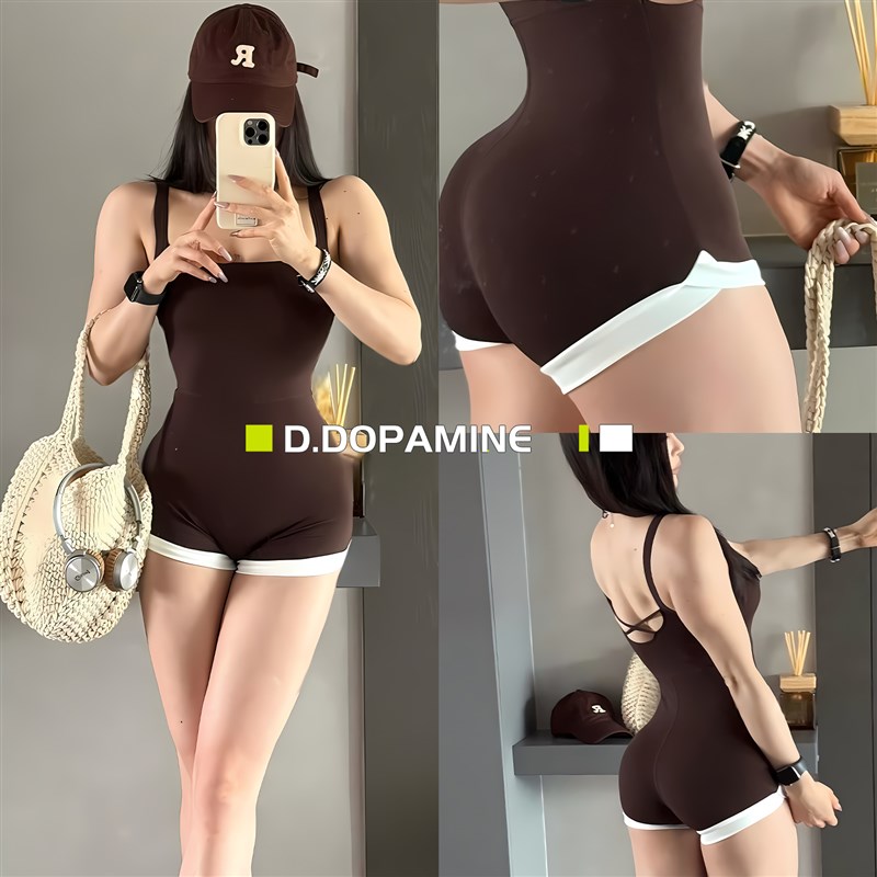 裸感高弹运动瑜伽健身连身服撞色拼接美背运动连身裤带胸垫