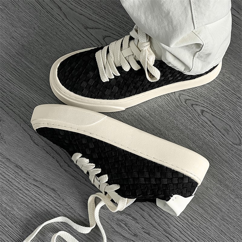编织透气板鞋男2025春季新款厚底增高百搭高级感小众韩版休闲鞋潮