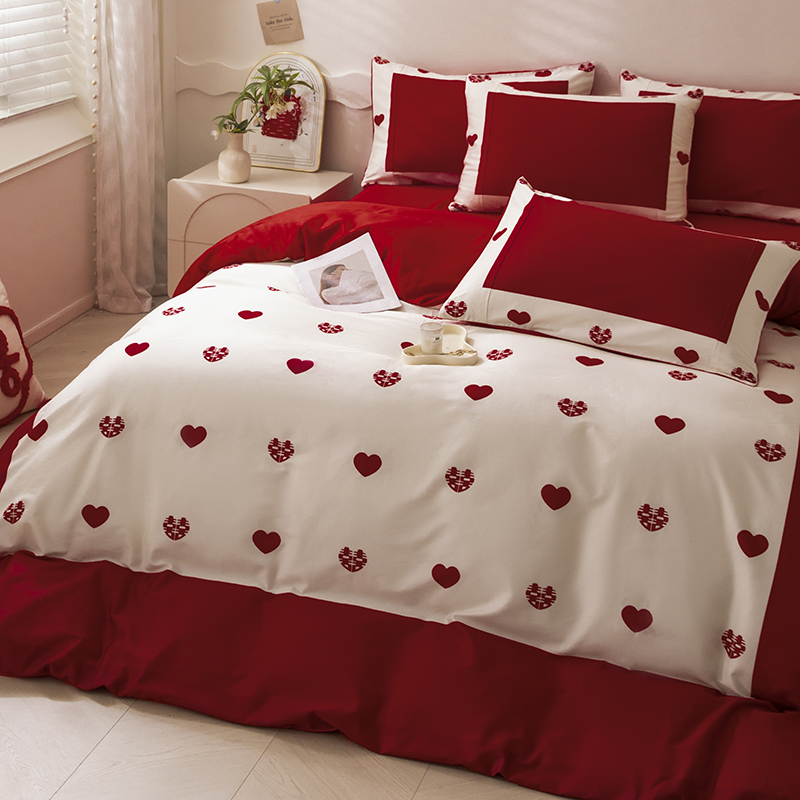 高档婚庆大红色四件套爱心结婚被套全棉纯棉女方陪嫁婚房牀上用品