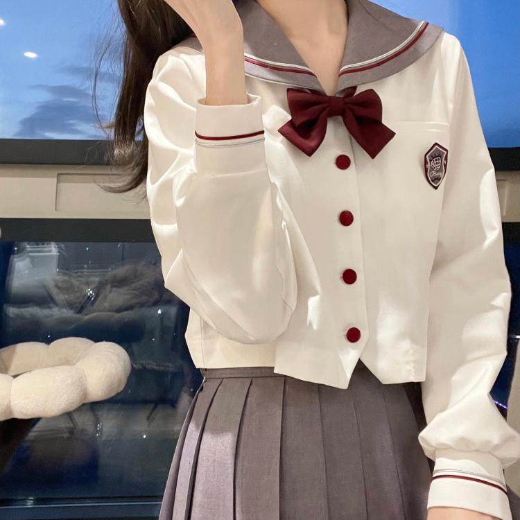 春日部【小莓中】现货红白异色蛇腹线灰领白身水手服套装jk制服