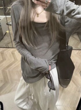 2024春夏好物囤卷边打底衫 T恤大领子灰色宽松