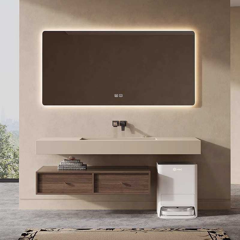 中古风岩板一体盆隐藏下水浴室柜扫地机器人带基站洗手洗脸洗漱台