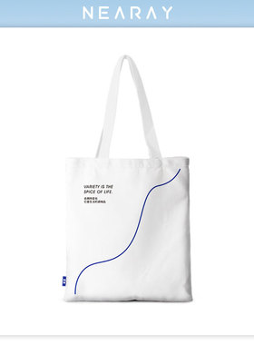 尼睿新款白色简约帆布包包女百搭手提布袋文艺蓝色线条单肩包AD