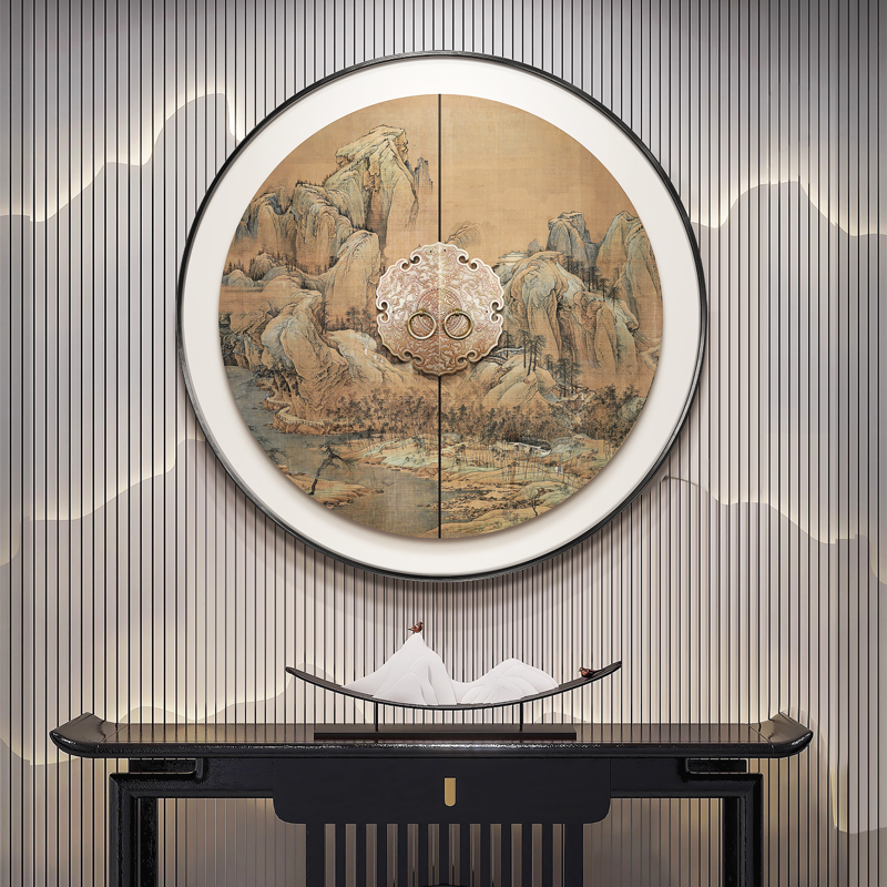 新中式玄关圆形装饰画茶室背景墙面立体壁画私宅别墅对门过道挂画图片