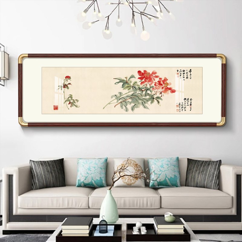 张大千富贵牡丹图卧室床头装饰画客厅沙发背景墙横幅挂画茶室壁画图片