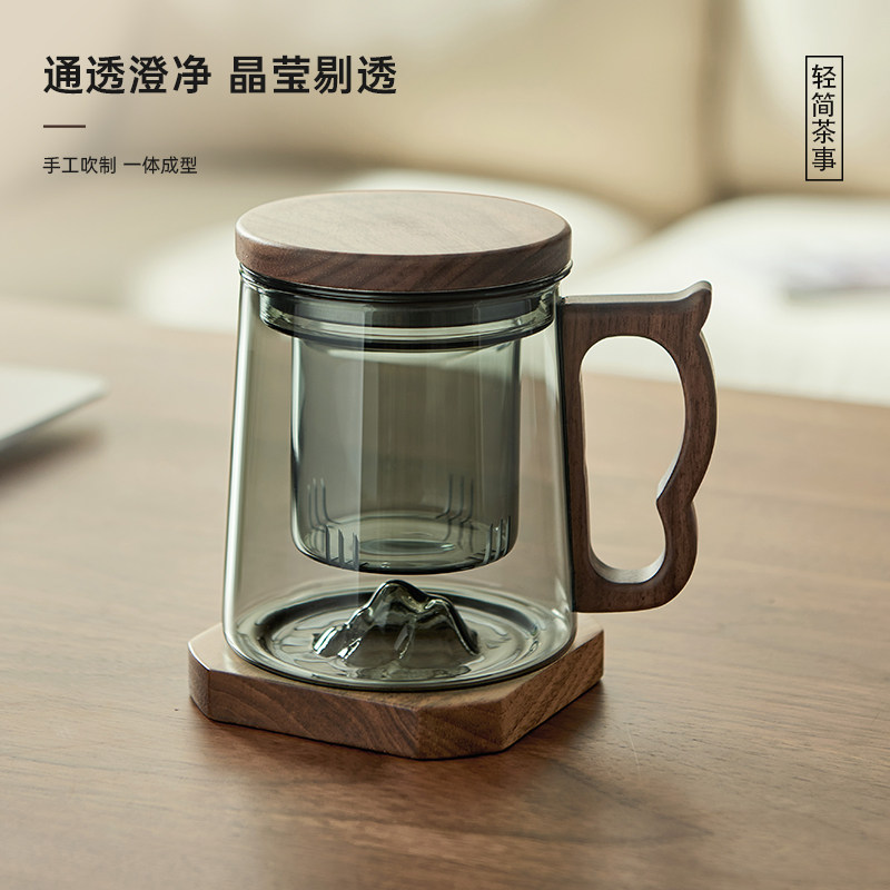 玻璃茶杯耐高温茶水分离泡茶杯办公室喝茶杯子观山杯木把茶道杯,餐饮具,茶杯,淘宝优惠券,粉丝福利购,淘宝优惠卷
