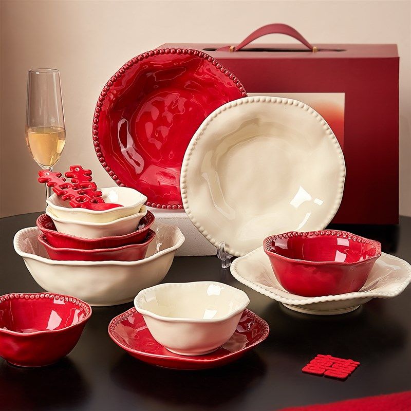 红色餐具套装订婚结婚礼物送新人碗碟套装家用碗盘子新婚陪嫁碗筷,餐饮具,碗,淘宝优惠券,粉丝福利购,淘宝优惠卷