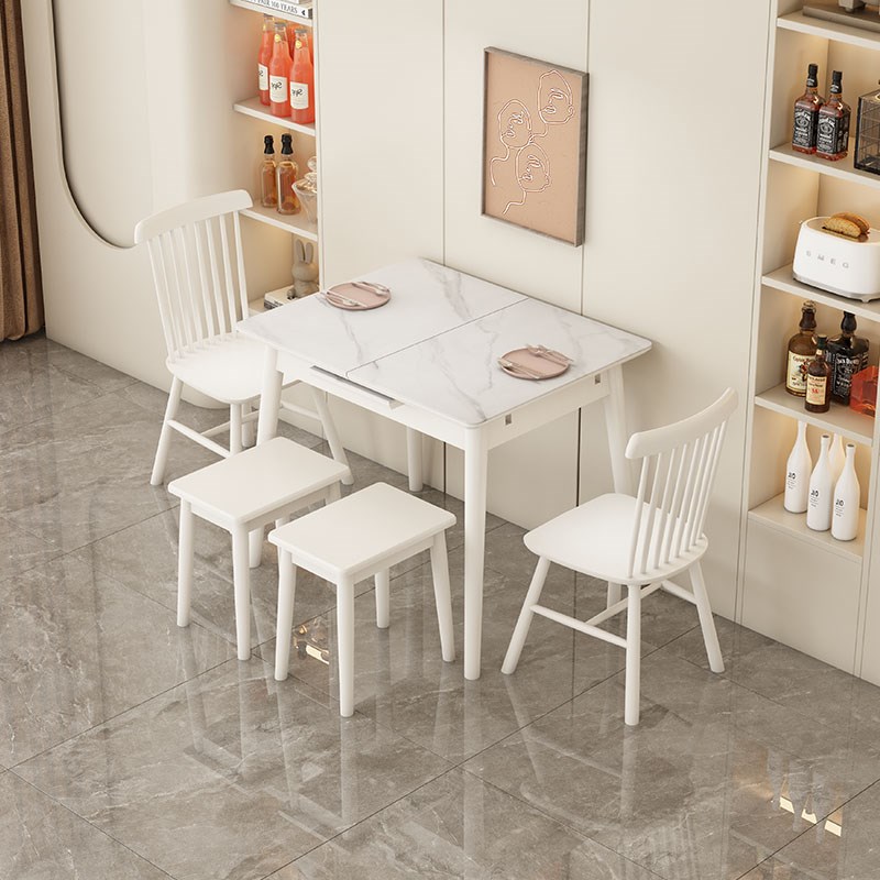小户型奶油风的伸缩岩板桌简约百搭可以伸缩餐桌长方形家用餐桌椅