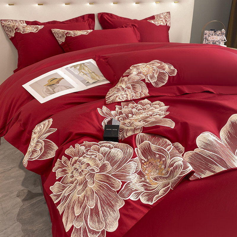 120支长绒棉全棉结婚房喜庆四件套红色纯棉刺绣出嫁被套床单床品4