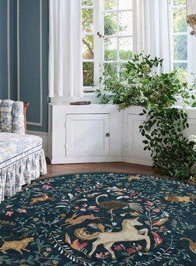 楼兰美惠 法式蓝色花枝纹中古圆形地毯客厅衣帽间防水0甲醛波斯毯