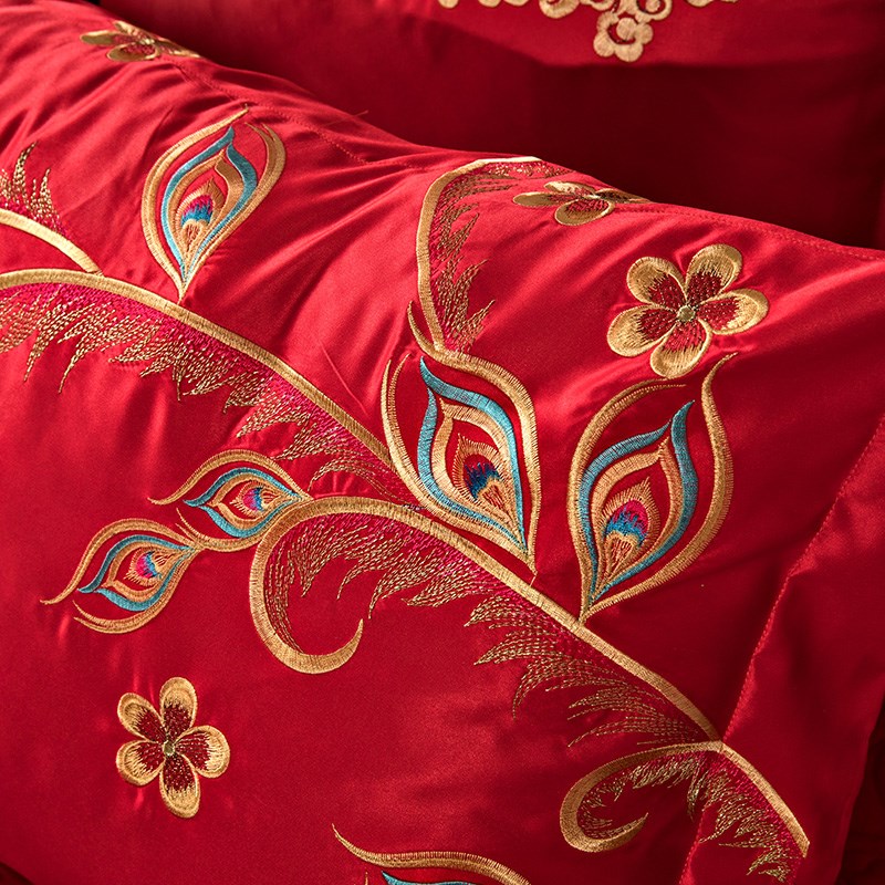 结婚床上用品四件套刺绣喜字新婚红色龙凤被套婚庆床单婚嫁喜被子