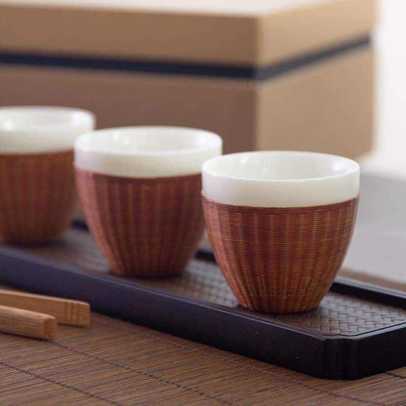 竹丝扣瓷四杯礼盒装瓷胎竹丝编功夫杯茶杯礼品个人杯送老外礼物