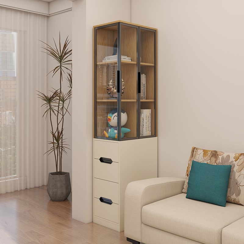 沙发边柜侧柜实木角柜客厅靠墙一体储物柜窄版夹缝玻璃门展示书柜