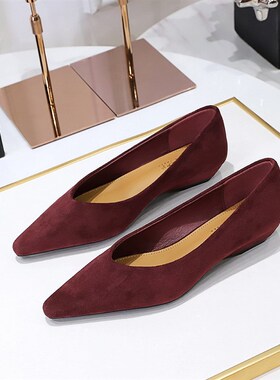 黑色职业平底鞋女秋软底2025年新款百搭尖头绒面浅口尖头工作单鞋