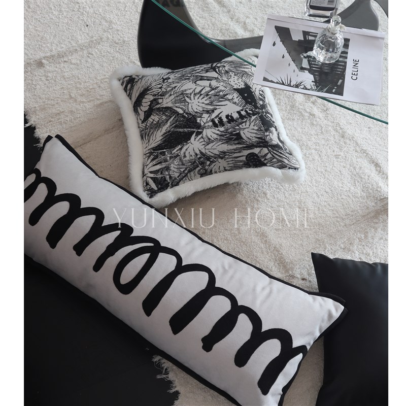 长枕抱抱枕黑灰色刺绣线条 简约黑白极简沙发长枕 夹腿午睡床头枕