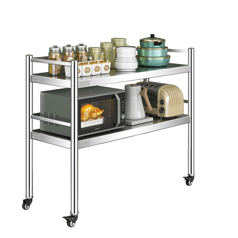 两层304不锈钢厨房置物架米面收纳架夹缝置物架双层带轮子可移动