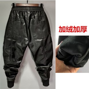 冬季皮裤加绒加厚男大码防风v个性机车裤六个兜仿皮PU束脚宽松长