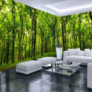8d电视背景墙面装饰壁画3d立体墙布卧室温馨自粘墙纸树林风景壁纸