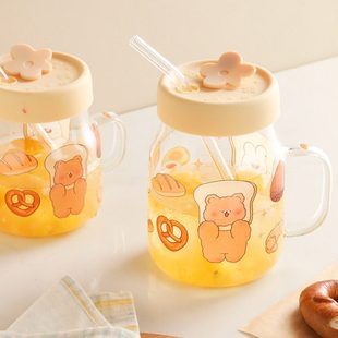 蓝莲花家居日系面包吸管杯网红玻璃水杯带吸管刻度盖子家用杯子