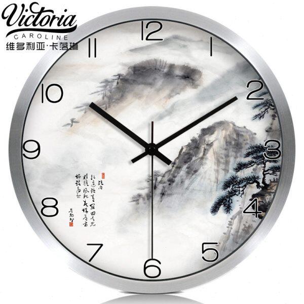 中国风客厅挂钟中式石英钟家用创意静音时尚时钟个性挂表山水壁钟
