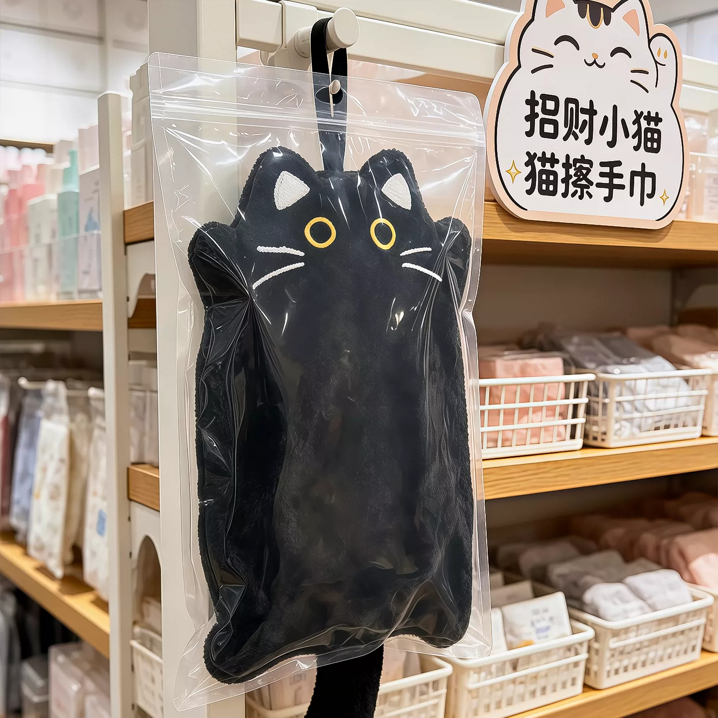 招财黑猫擦手巾挂式珊瑚绒毛巾吸水加厚手帕抹布家用厨房卫生间