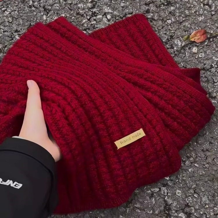 红色新年围巾女冬季保暖纯色韩版加厚针织毛线围脖送男友御寒披肩