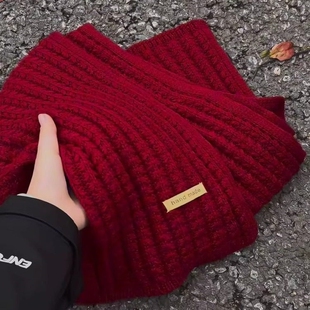 红色新年围巾女冬季保暖纯色韩版加厚针织毛线围脖送男友御寒披肩