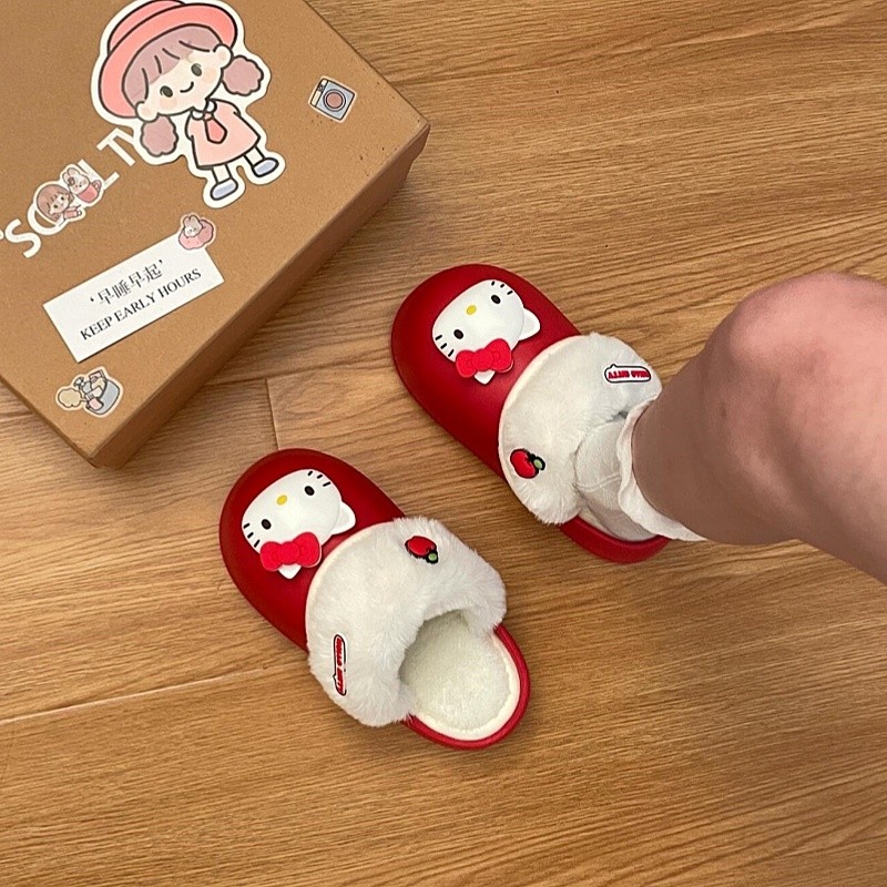哈喽kitty红色棉拖鞋女款冬季厚底增高防水保暖包跟室内家居棉鞋