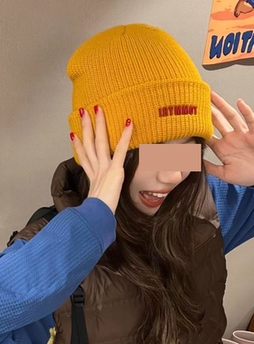 秋叶黄针织帽子秋冬氛围感配饰保暖黄色毛线帽大头围女款2025新款