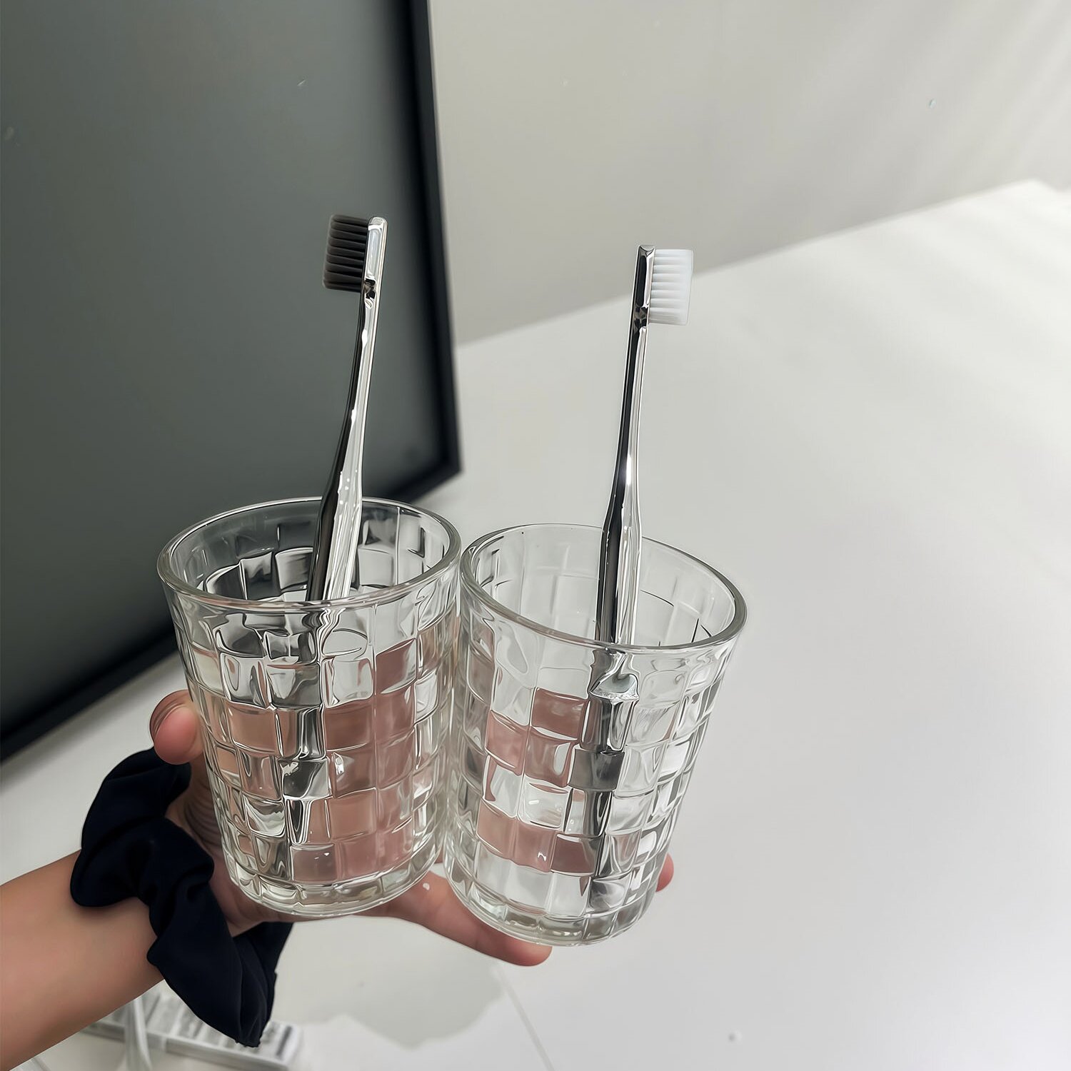 ins风牙杯漱口杯洗漱杯藤编玻璃杯子牙缸卫生间浴室透明浮雕