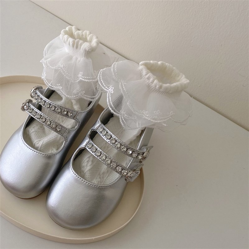 2025春季新款韩版银色魔术贴单鞋圆头时尚百搭可爱表演女孩公主鞋