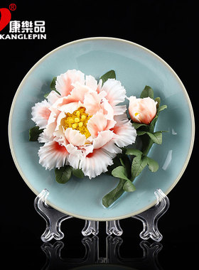 林心如汝瓷牡丹i挂盘小号陶瓷手工汝瓷客厅博古架摆件乔迁新居礼