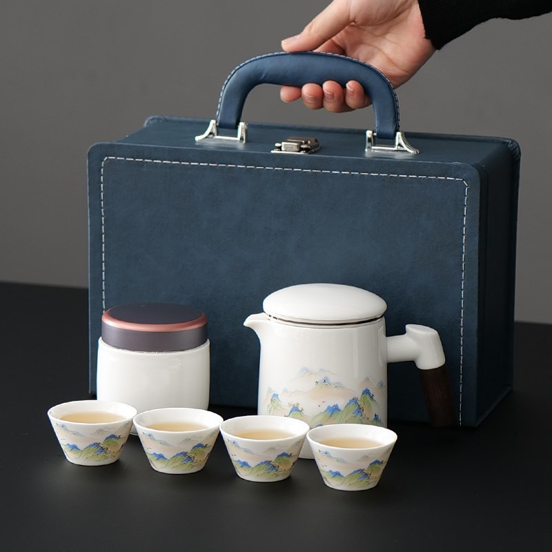 旅行茶具一壶四杯 中式陶瓷功夫茶具套组 外出露营车载茶具小套组